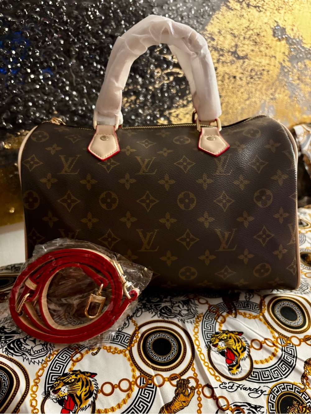 Brand New ?? Very Soft Brown Monogram Canvas Speedy Handbag with Red Trim